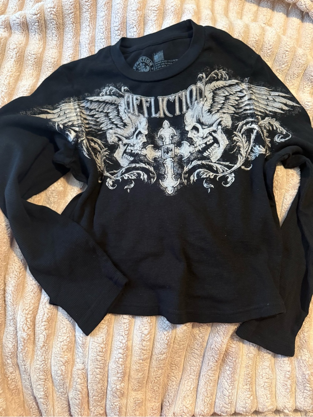 Affliction Black Thermal Top with Silver Winged Skull Graphic